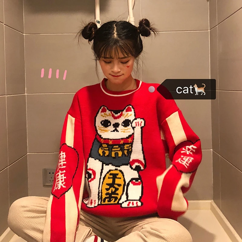BCM Новый китайский стиль утолщенный красный пуловер 2018 весна свитер Lucky Cat хлопок