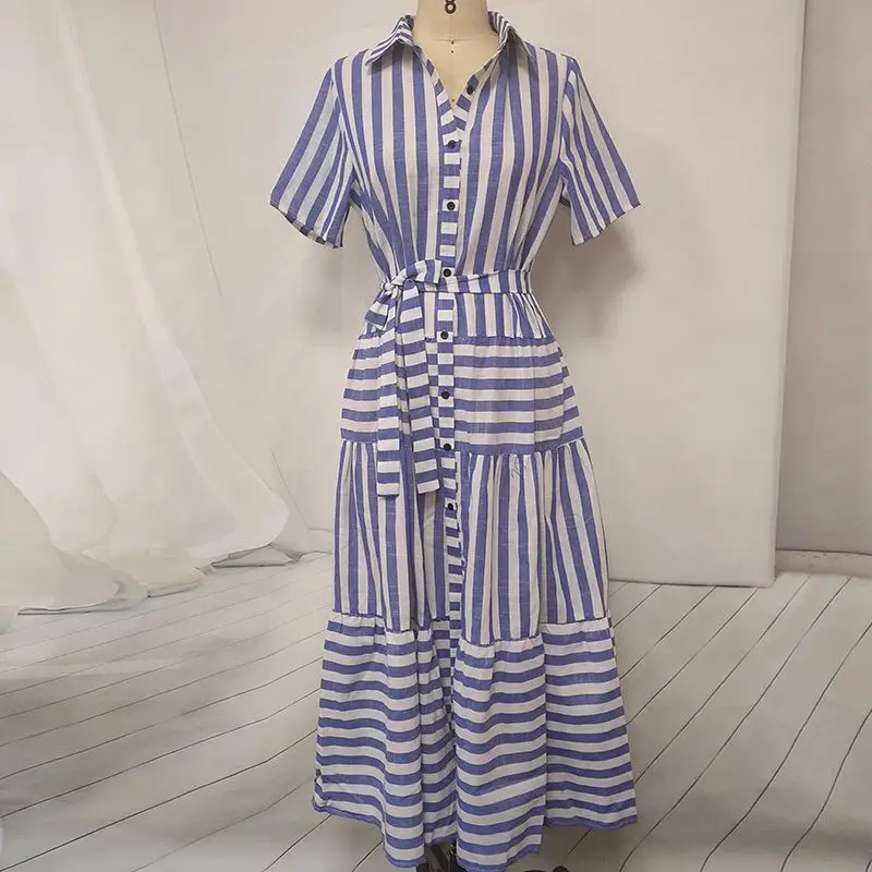 Летнее синее платье в полоску рубашка для отдыха большие размеры Пляжное бохо