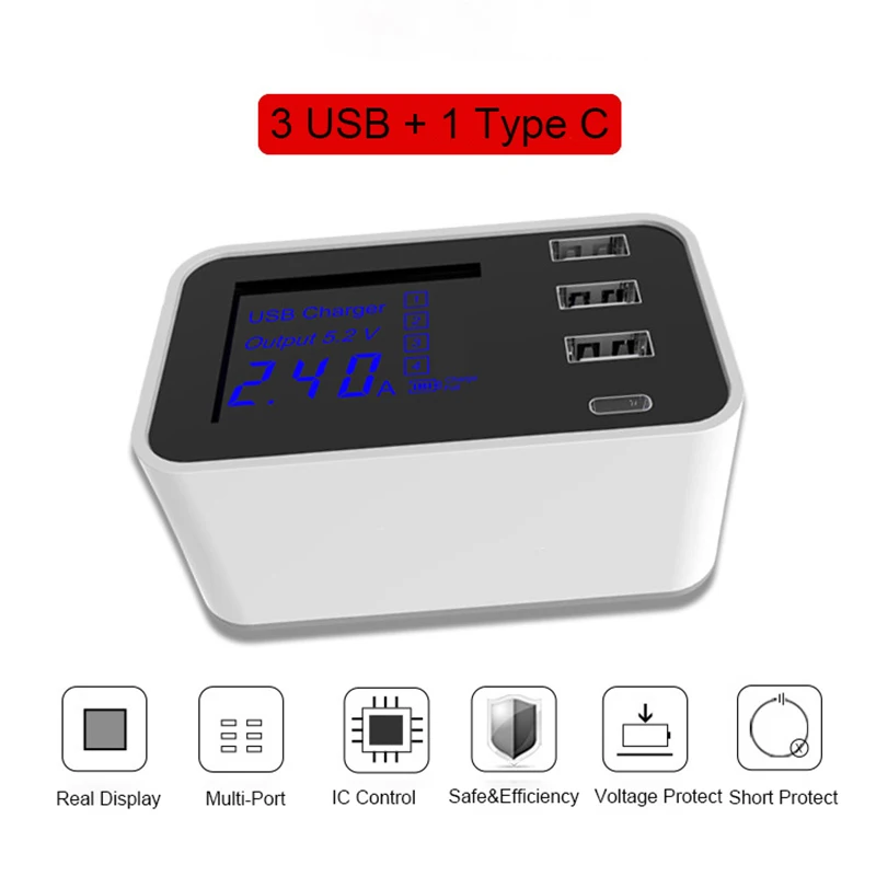 Светодиодный дисплей 3 порта Usb зарядное устройство с Type C для Samsung Iphone Ipad Быстрый