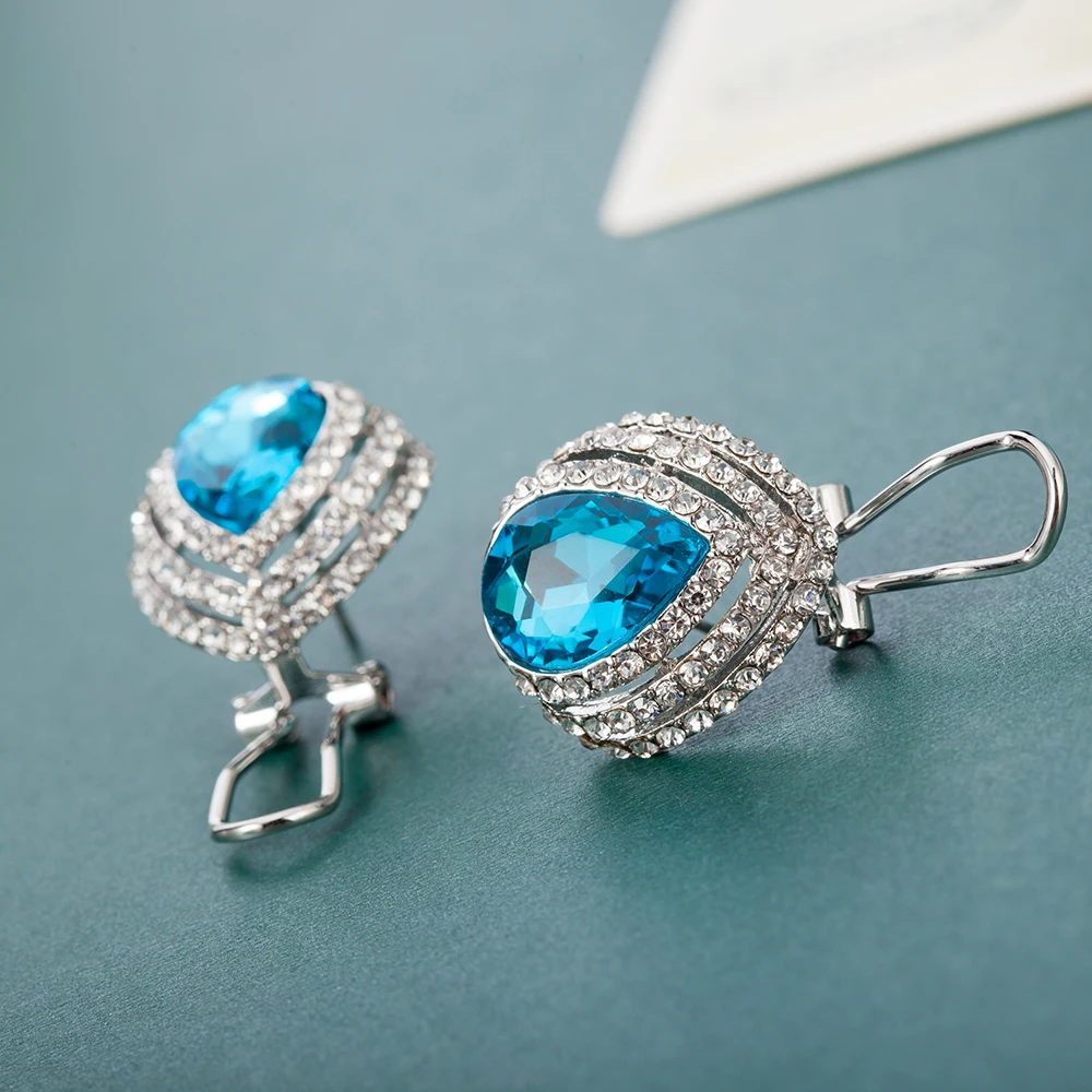 ALULU Fashion Blue Crystal Female Ear Clip Rhinestone Earrings Silver Plated Jewelry For Women Brincos | Украшения и аксессуары