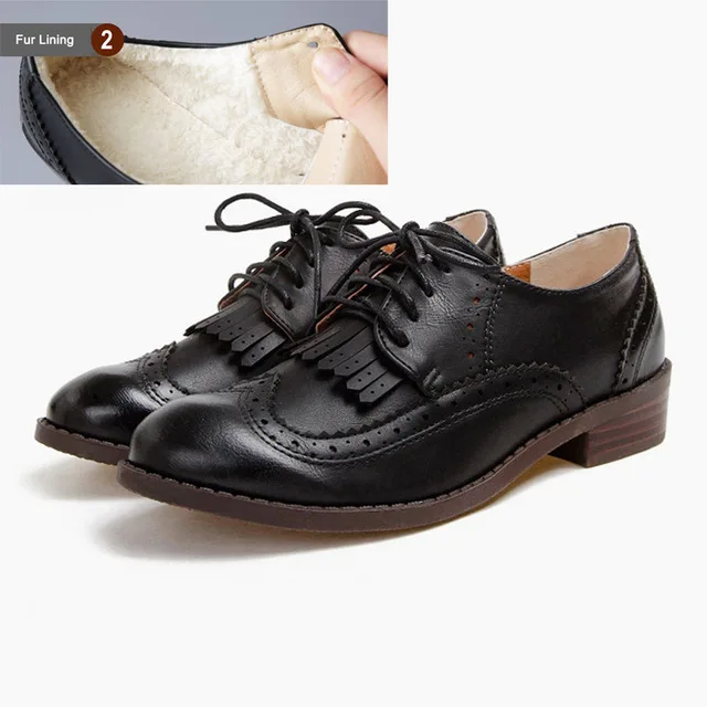 Fur Black Oxfords Baimier/Винтажные женские туфли-оксфорды в британском стиле; женские оксфорды с круглым носком на шнуровке; коллекция года; сезон осень-зима; женские кожаные туфли на плоской подошве - Цвет: Fur Black Oxfords