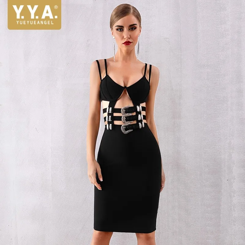 

Sexy Spaghetti Strap Sashies Bandage Hollow Out Women Dresses Deep V Neck Backless Elastic Knee Length Black Club Party Dresses