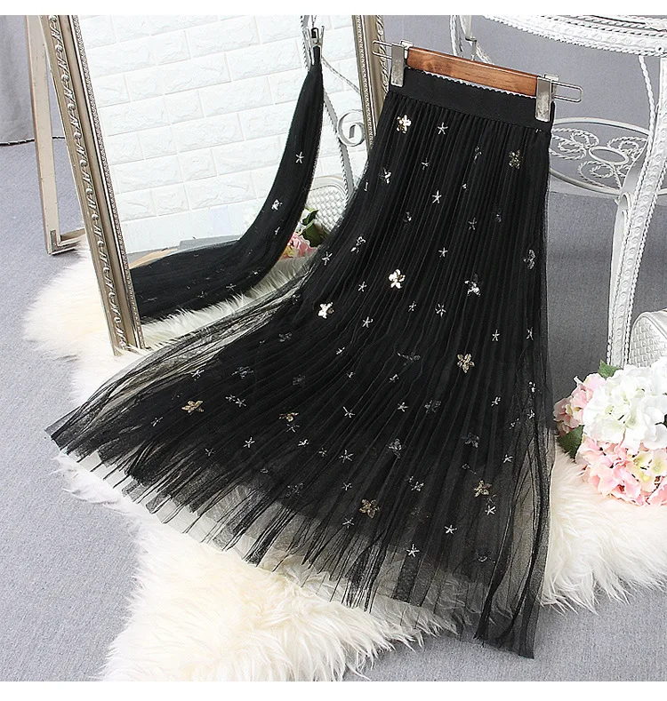 Женская сетчатая юбка длинная Плиссированная феи с вышивкой в виде планеты