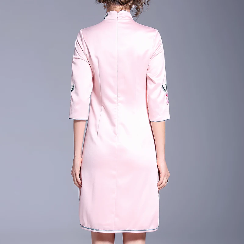 2018 Весна Для женщин китайское платье Вышивка Феникс розовый Cheongsam Винтаж Вышитые