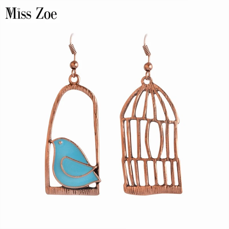 

Miss Zoe Lovely Creative Vintage Earrings Enamel Bird Bird-Cage Bronze Drop Earring Women Female Brincos de gota feminino