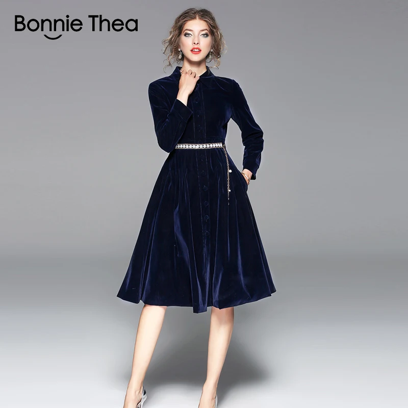 Женское вельветовое платье Bonnie Thea повседневное теплое синее для вечеринки на