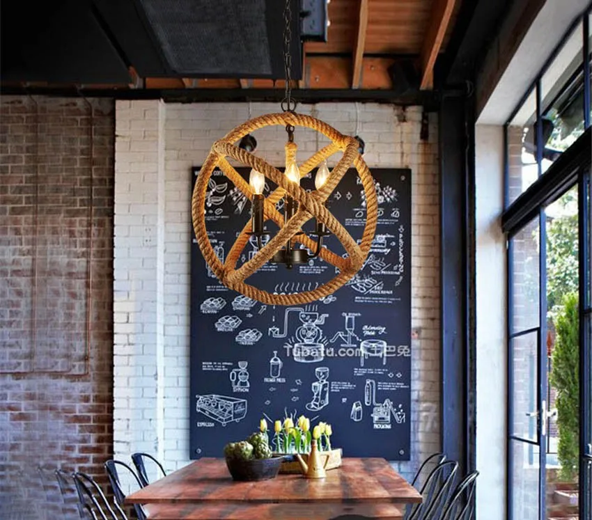 Натуральный винтажный подвесной светильник из пеньковой веревки E27 Лофт Эдисон