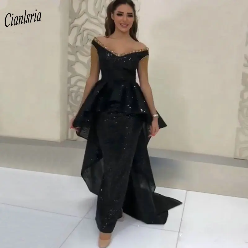 

Black Off The Shoulder Sequined Dubai Arabic Mermaid Evening Dress Beading Ruffles Formal Evening Party Dresses robe de soiree