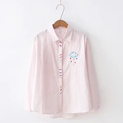 JKKUCOCO Newest Women Shirt Embroidery Thunderstorm Cotton blouses Blouse shirt Long Sleeve Casual Striped Shirts S-XL |