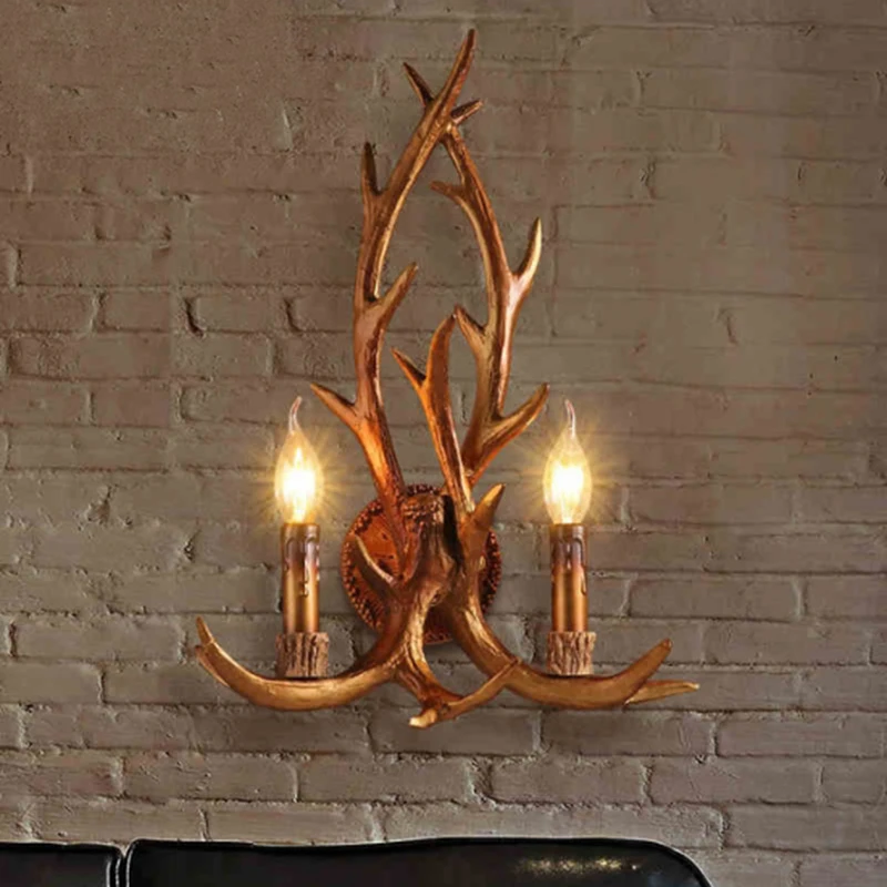 

American country vintage industrial garden double antlers wall lamp pastoral wind restoring ancient restaurant bar landscape
