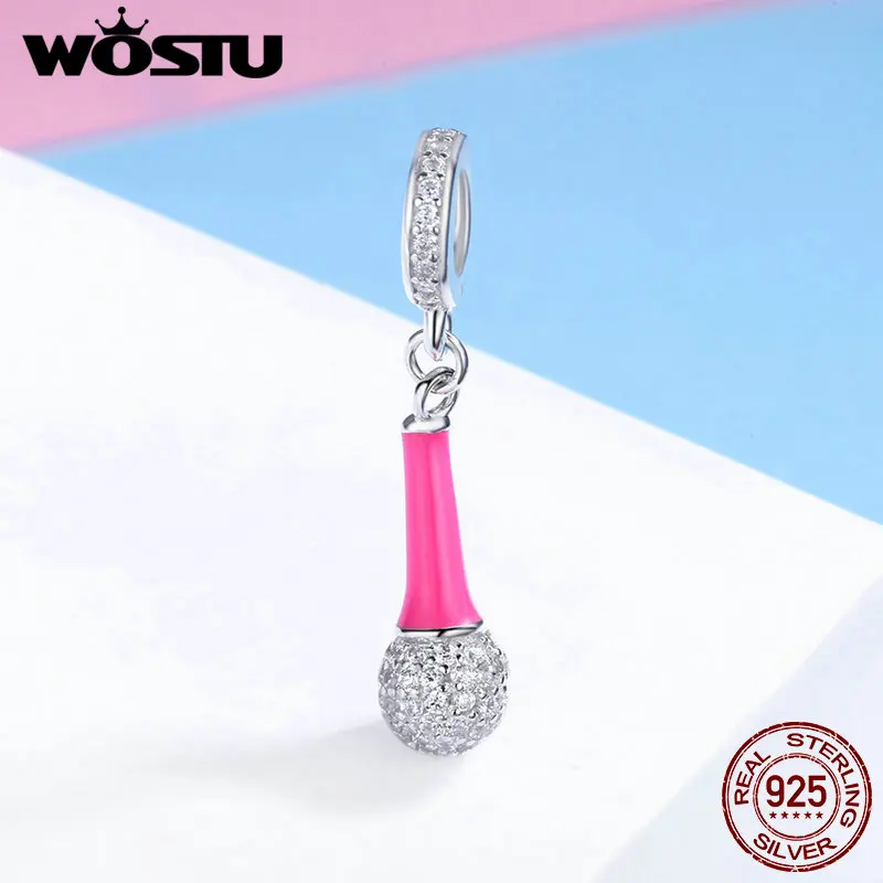 WOSTU, новинка, 925 пробы, серебряный, я люблю пение, микрофон, прозрачный, CZ, подвеска, шарм, подходит для женщин, браслет, сделай сам, бусины, ювелирное изделие, FIC440