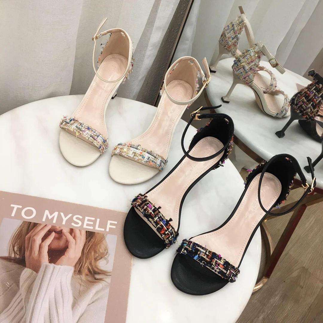 Обувь женские босоножки коллекция 2019 года Летние однотонные на высоком каблуке с