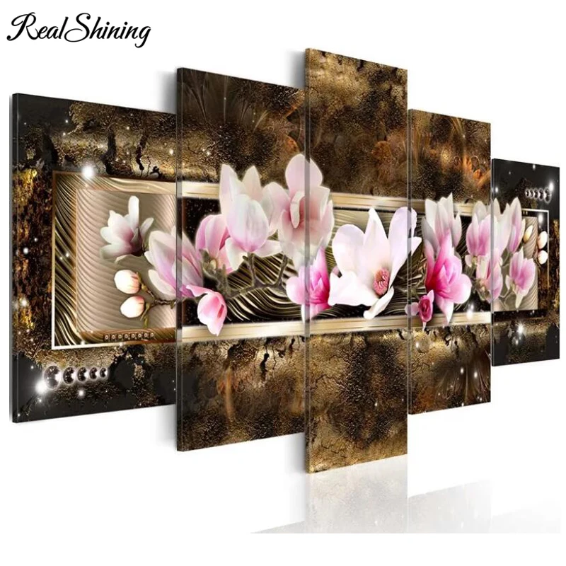 

Алмазная 5D картина «сделай сам», картина из квадратных/круглых страз 5 шт./компл., вышивка крестиком из цветов магнолии, домашний декор, FS3754