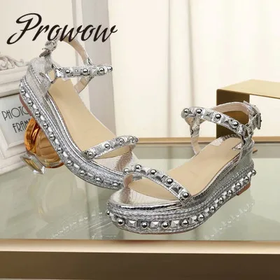 AS PIC Prowow/Новинка; Роскошные Дизайнерские качественные летние босоножки из натуральной кожи с жемчугом и шипами; пикантная женская обувь на танкетке с открытым носком и ремешком с пряжкой - Цвет: AS PIC
