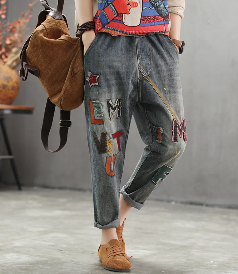 Весенние джинсы женские свободные Ретро эластичные талии джинсовые брюки новые