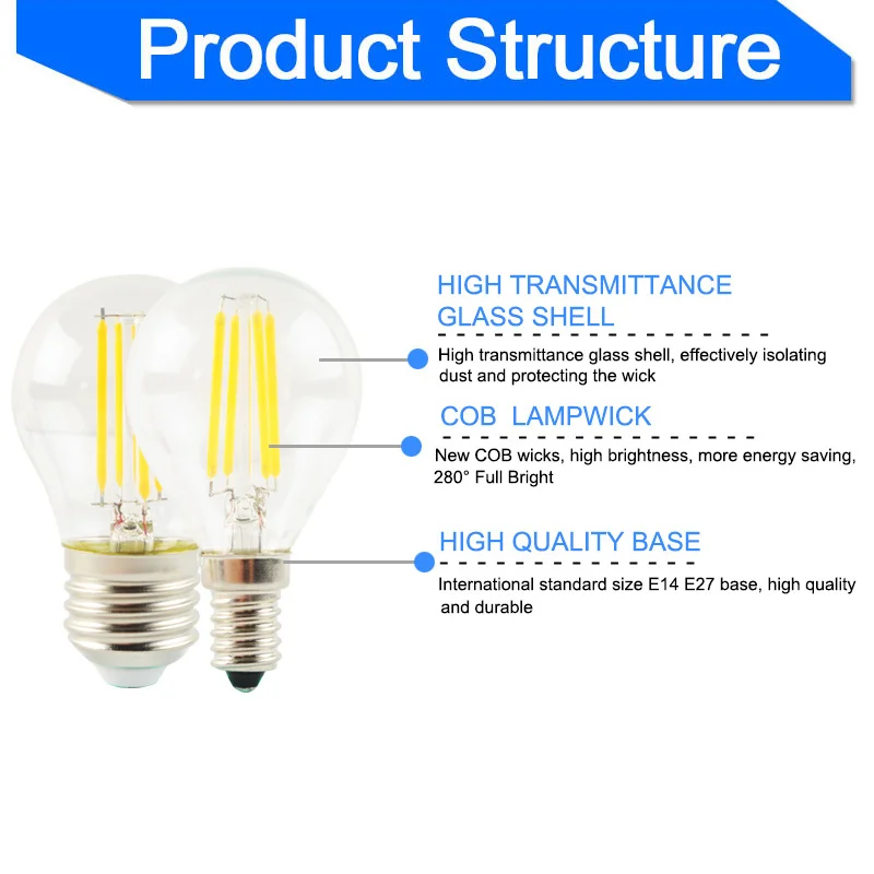 Светодиодный светильник E27 E14 G45 AC 220V 240V стеклянный шар лампа 2W 4W 6W Эдисона