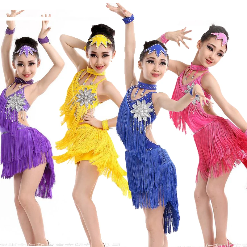Детские платья для латинских танцев с кисточками бальные девочек костюмы сальсы