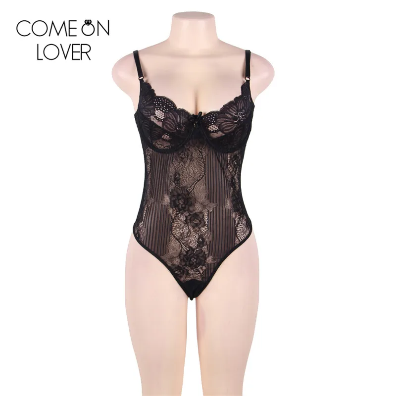 Floral hollow out plus size women rompers bodysuit womens Leotard see through combinaison femme short lace top jumpsuit RE80536 images - 6