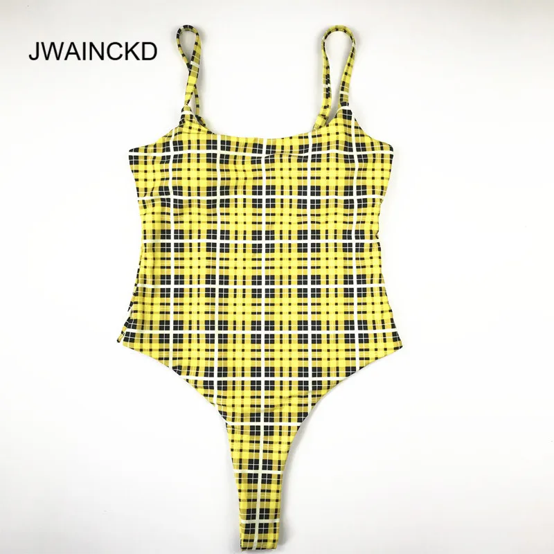 Сплошной желтый клетчатый слитный купальник JWAINCKD женский с открытой спиной в