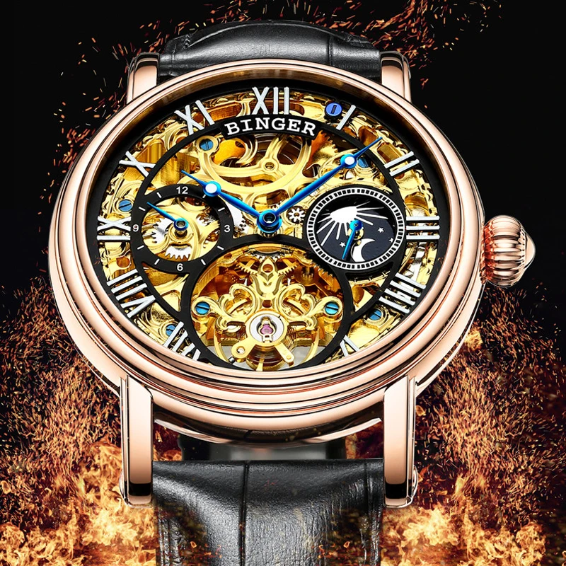 Модные мужские деловые Модные полые часы Moon Phase с кожаным ремешком, Мужские автоматические механические часы со скелетом, водонепроницаемые