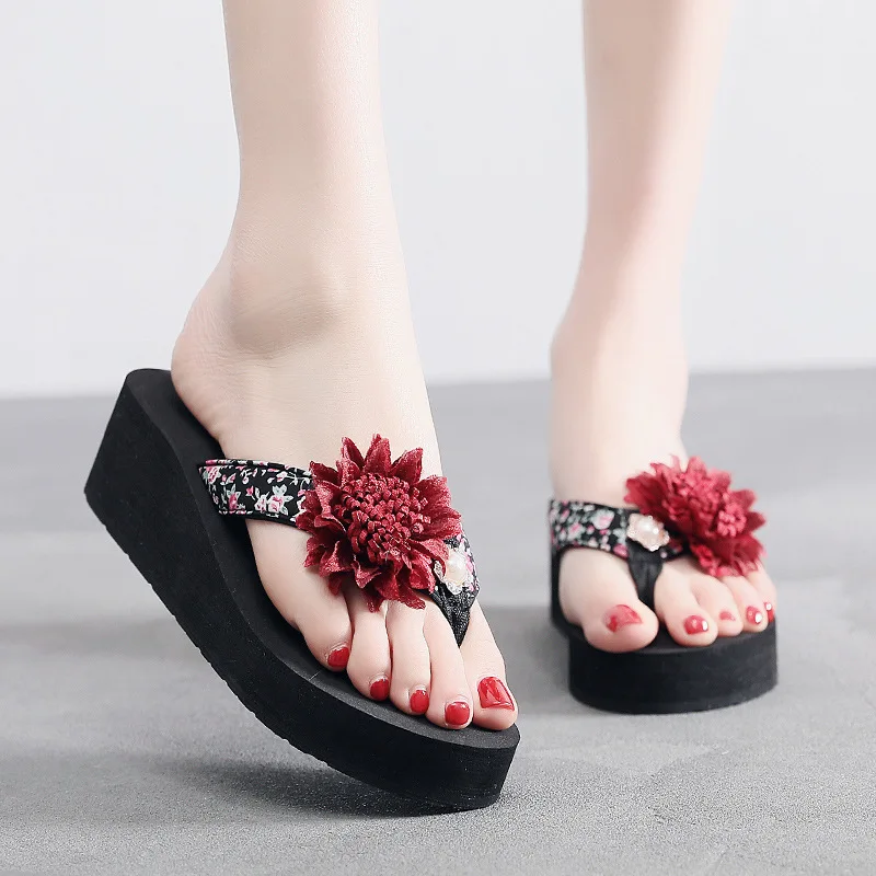 Женские пляжные шлепанцы на танкетке богемный стиль цветочный принт высокий