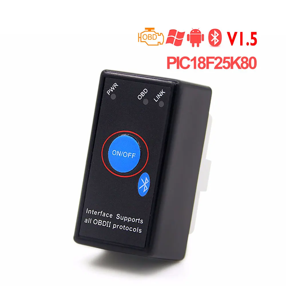 ELM327 V1.5 PIC18F25K80 чип OBD2 считыватель кодов Bluetooth J1850 выключатель питания ВКЛ./ВЫКЛ. 12 В OBDII ELM 327 диагностический инструмент сканер - Цвет: with button
