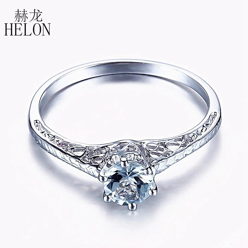 HELON Solid 14K белое золото круглый 4 5 мм Натуральный аквамарин женское кольцо для