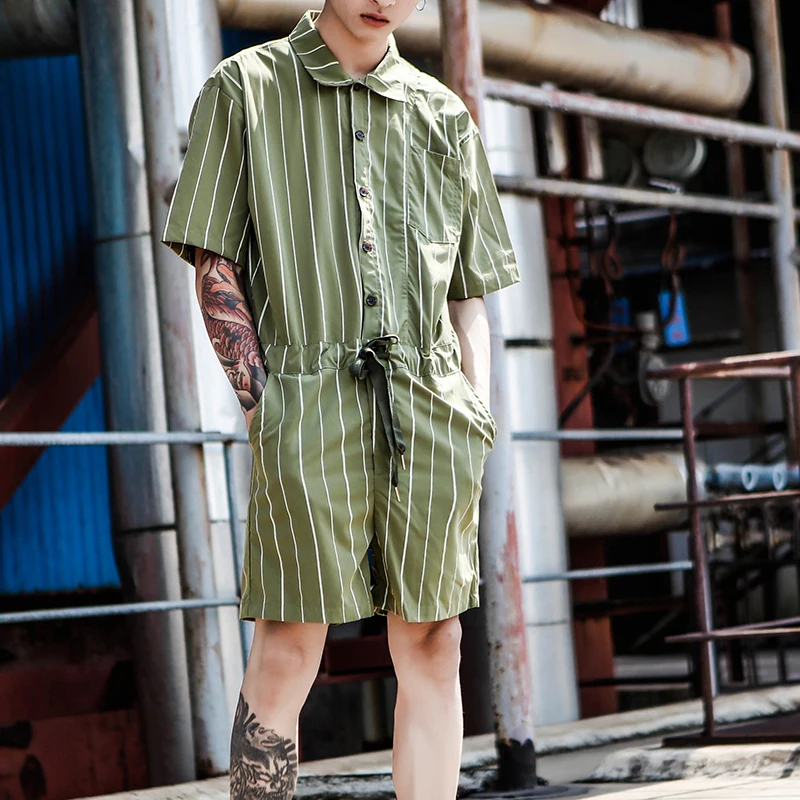 

Jumpsuits Men 2021 New Summer Short Sleeve One Piece Overalls Mens Jumpsuit Playsuits Rompers Striped Design Male Sets Clothes