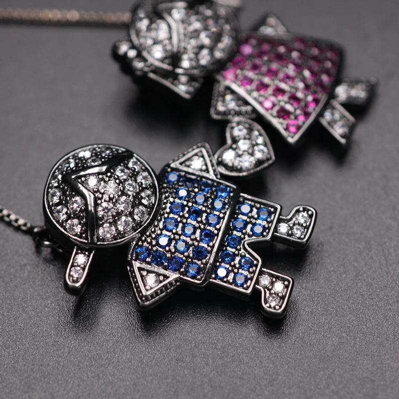 Colorful Lovely Boy Girl heart Big Pendant Necklace Full Pave high quality Multicolor Cubic zirconia blue women fashion Jewelry | Украшения