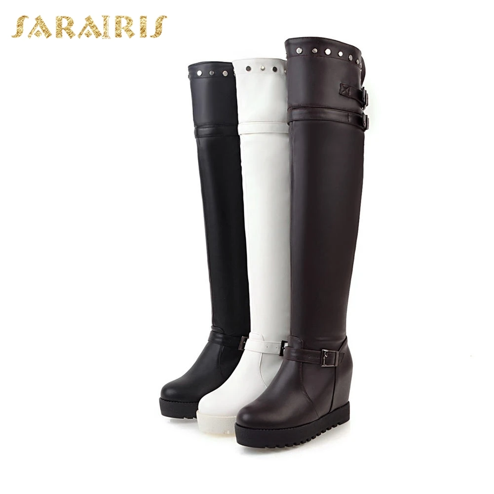 SARAIRIS/Большие размеры 34-43, платформа с пряжкой, клиновидный каблук, черные, белые сапоги до колена, женские осенне-зимние сапоги
