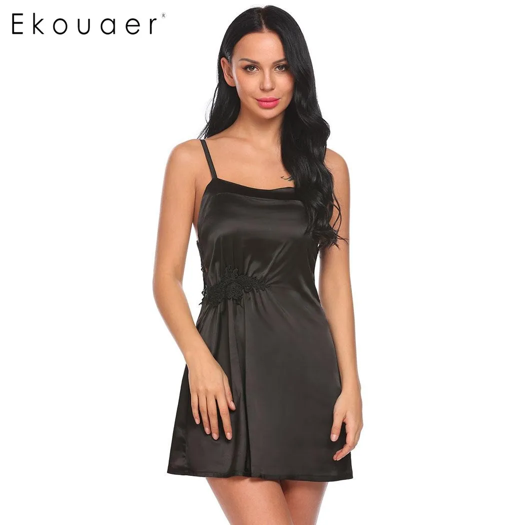 Ekouaer, женское сексуальное ночное платье, белье, атласная сорочка, ночная рубашка, Кружевная комбинация, одежда для сна, летняя одежда для сна, повседневная женская ночная рубашка