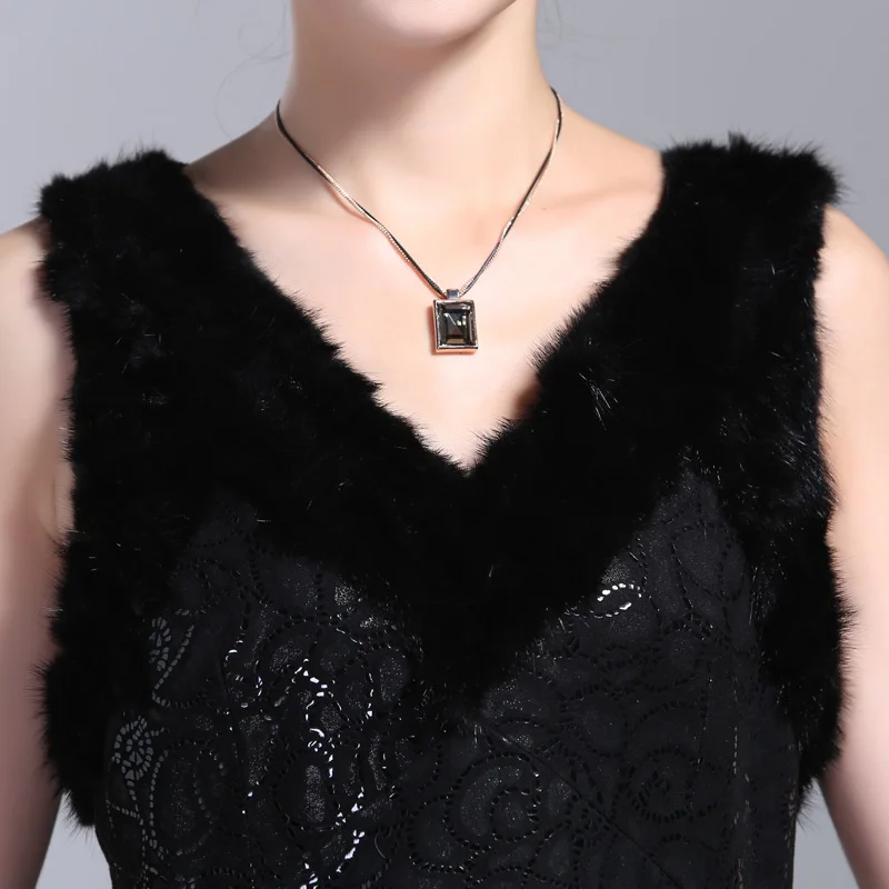 Женское платье из натуральной кожи с мехом норки без рукавов|Женские платья| |