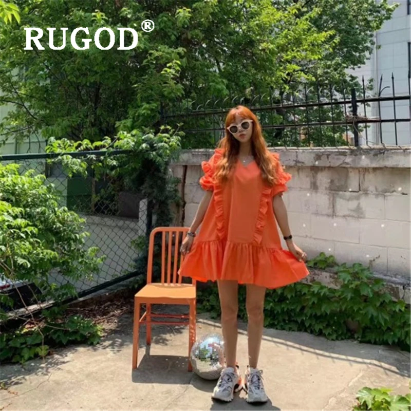 RUGOD корейское модное женское платье элегантное с оборками v-образный вырез для