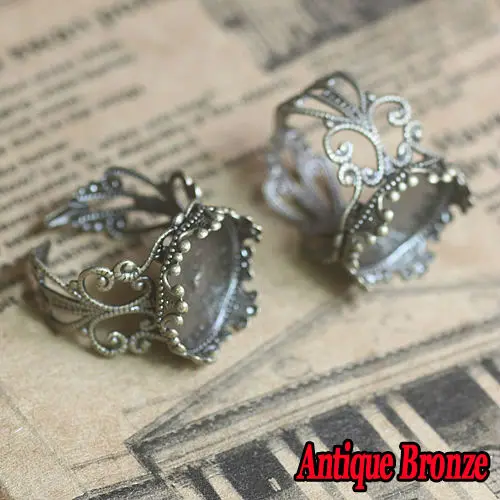 10pcs 15mm/20MM  Antique Bronze/Gold Plated / Silver-Plated Ring Blank Base Crown edge,Adjustable DIY Ring Cameo Cabochons Tray