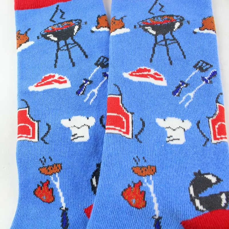 Взрослые хлопчатобумажные забавные носки по колено Happy Sweet Sox Universe Sketch барбекю пиво пицца жареное мясо динозавр автомобиль вино чашка слон