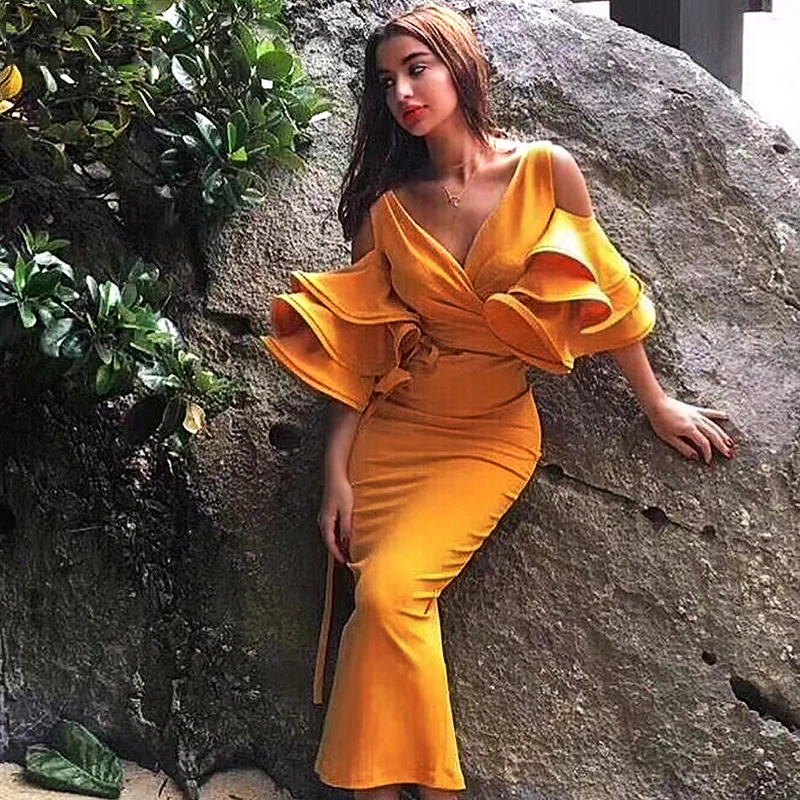 Женское вечернее платье миди INDRESSME желтое Клубное с рюшами бабочками коротким