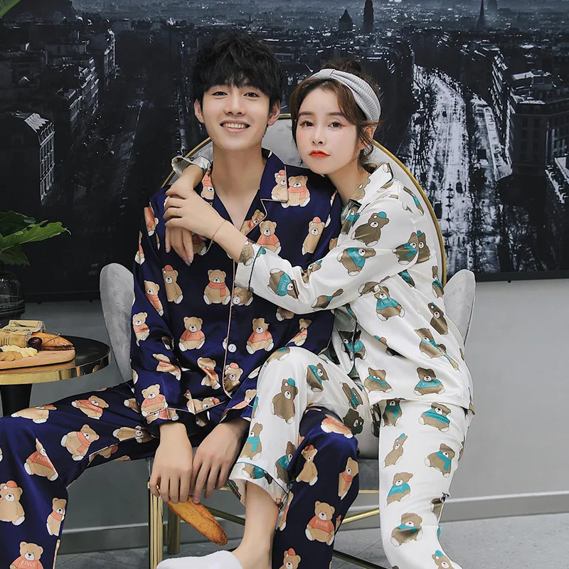 JINUO 2018 Free Shipping Spring Autumn Couple Silk Pajama Sets Lovers Thin Long Sleeve Casual Soft Home Wear | Мать и ребенок