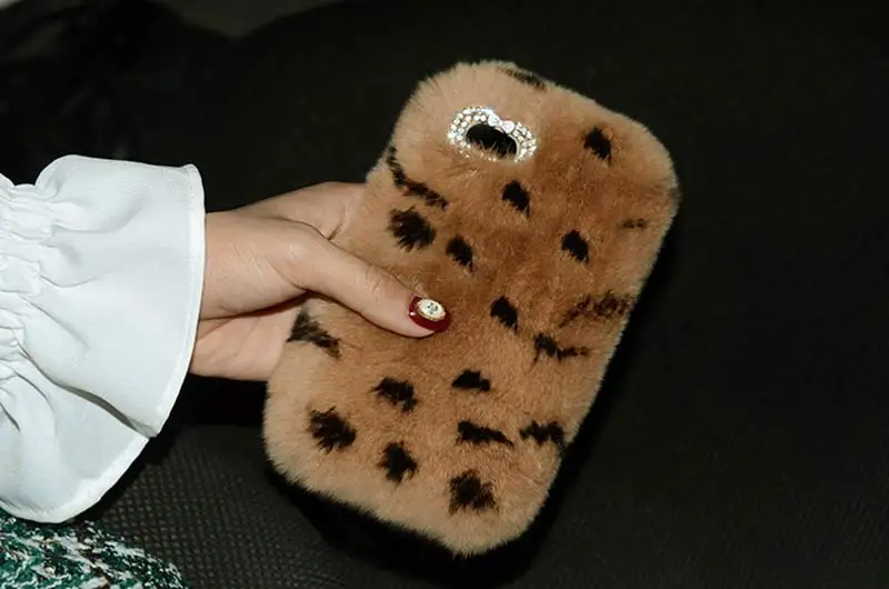 Leopard Роскошный мех кролика чехол для iPhone Xs Max XR X 6 6S 7 8 плюс чехол Модный, с украшениями в виде бриллиантов; теплые мягкие зимние меховые плюшевые телефон чехол s - Цвет: Leopard