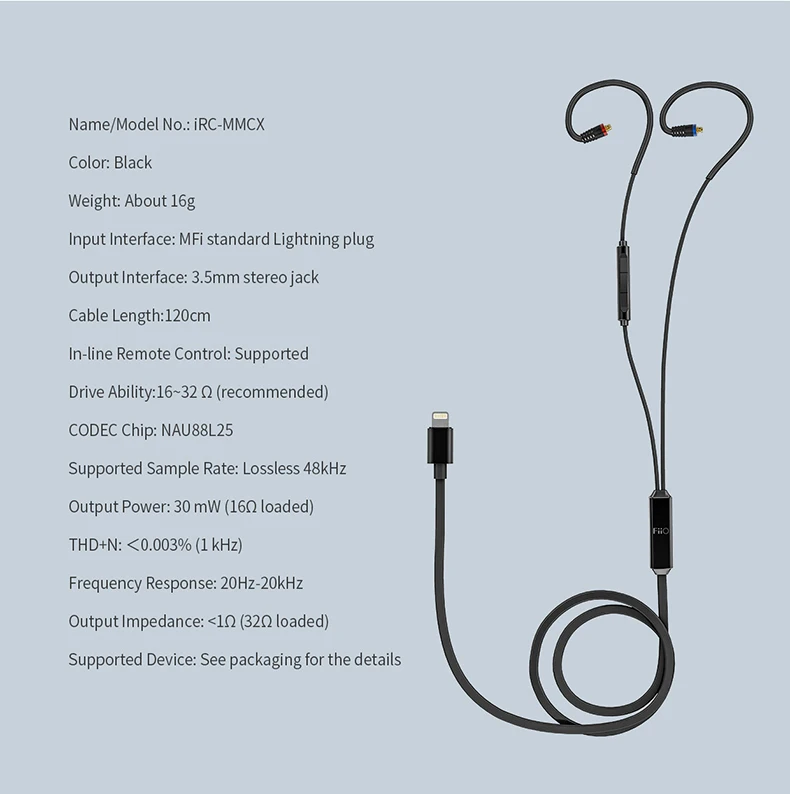 FIIO iRC-MMCX кабель для наушников для iPhone 7/7 plus/8/X/XS с четырехъядерным процессором In-line conteols микрофон Bluetooth MMCX Съемный кабель для F9 PRO