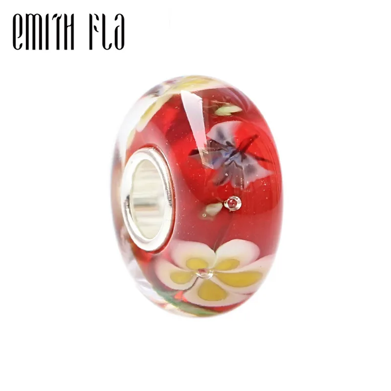 

100% 925 Sterling Silver Large Hole Flowers And Butterflies Glass Murano Charm Beads DIY Fit European Brand Bracelet Jewelry