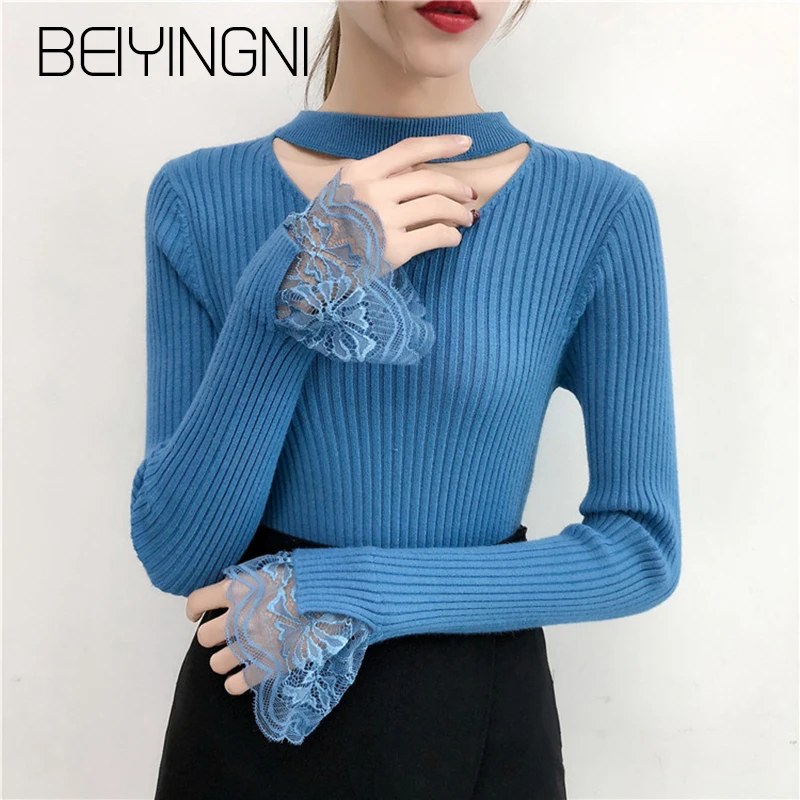 Женский свитер с v-образным вырезом Beiyingni толстый теплый кружевом повседневный