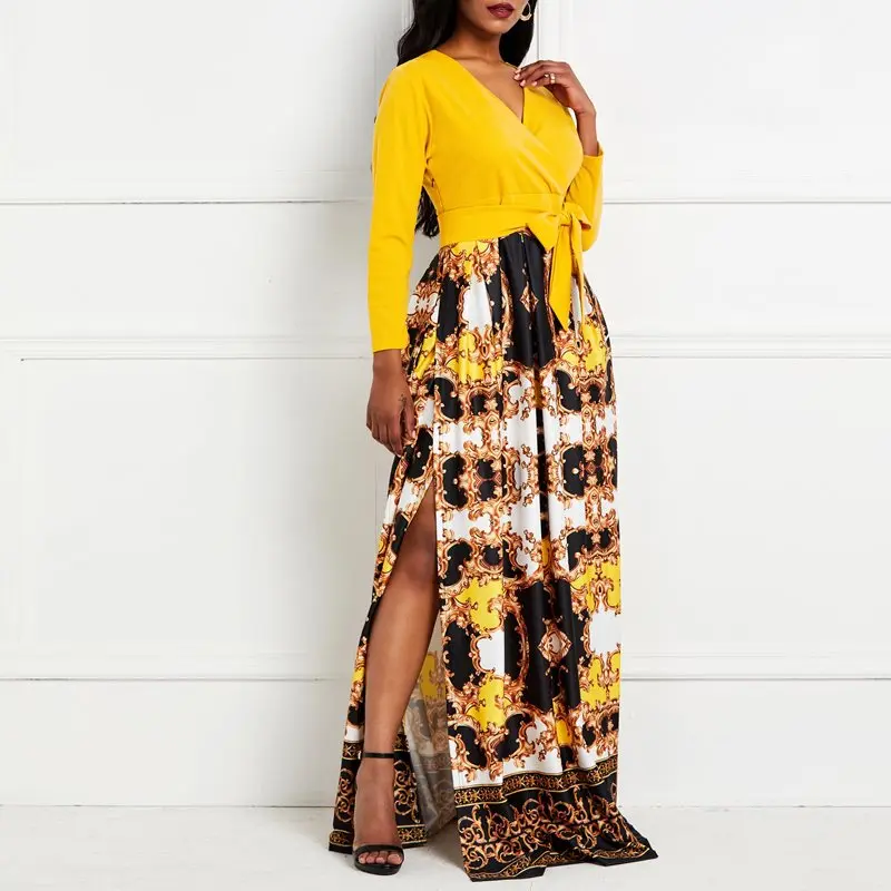 Осеннее длинное платье с принтом в африканском стиле для женщин v образный вырез