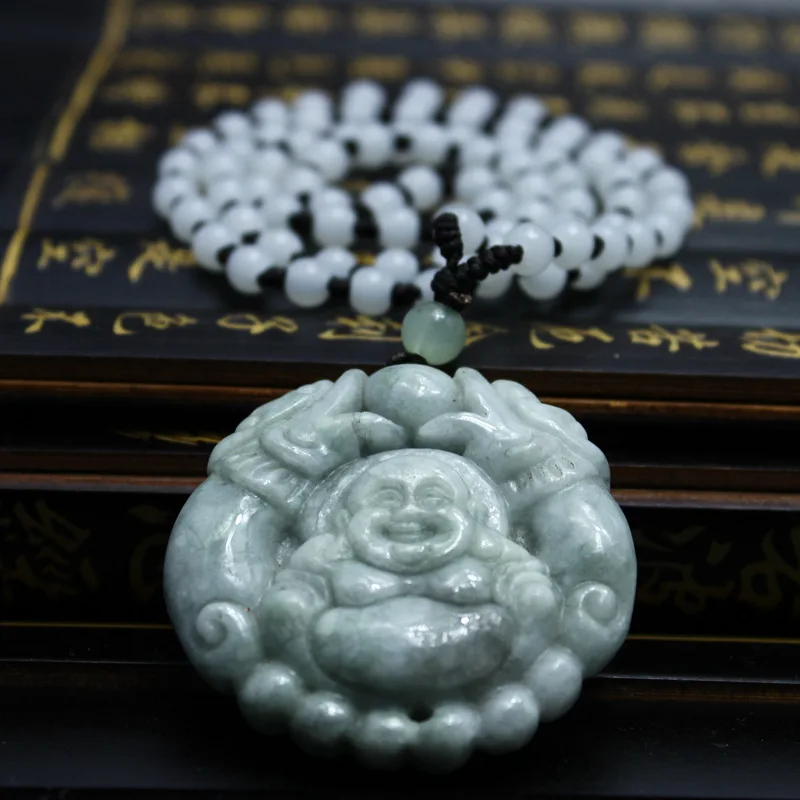 Натуральный карго jadeite двусторонний Смеющийся Будда Shuanglong леди Jades кулон