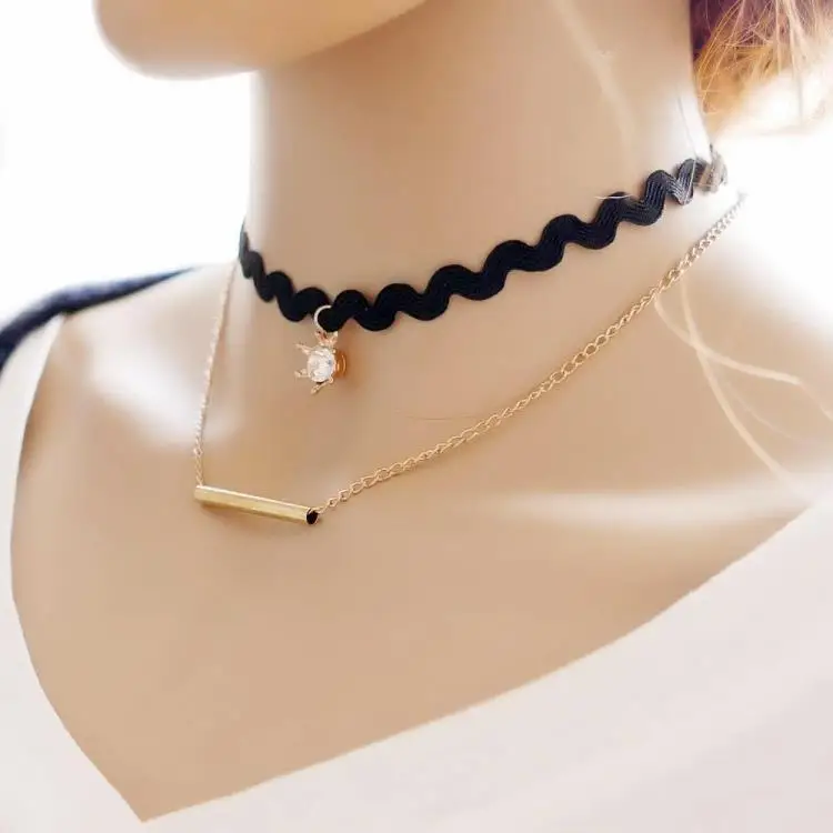 Knock простой двойной Слои черный бархат веревка сверкающий кристалл Ложные