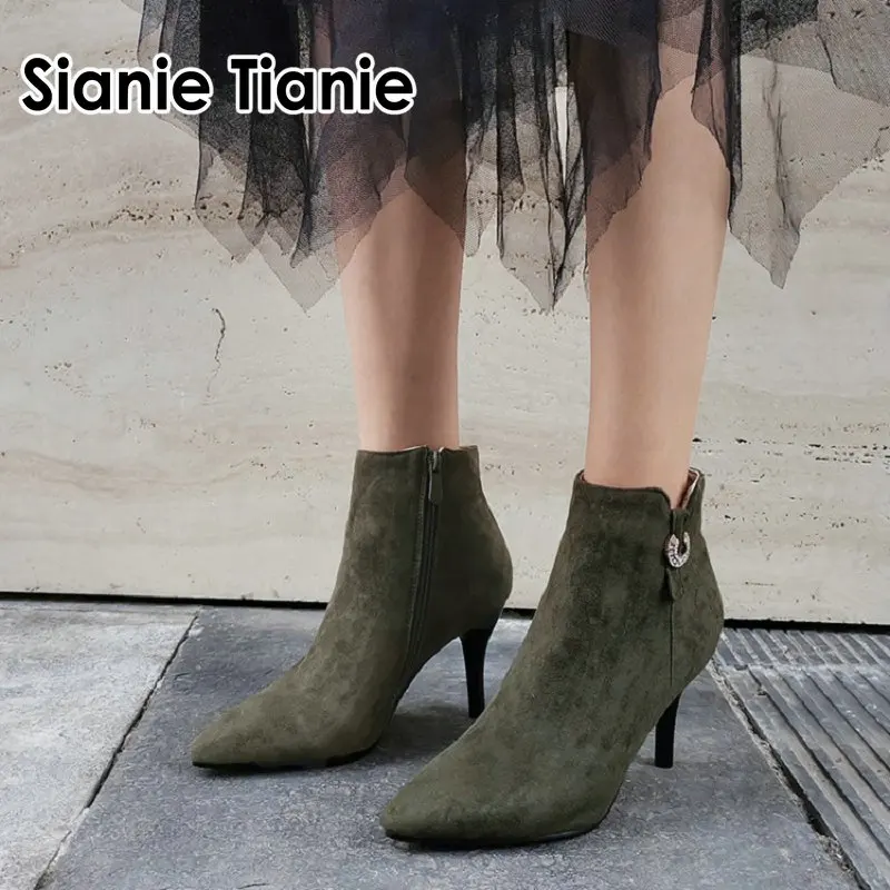 Фото Sianie Tianie/Женская обувь из флока оливкового цвета с острым носком - купить