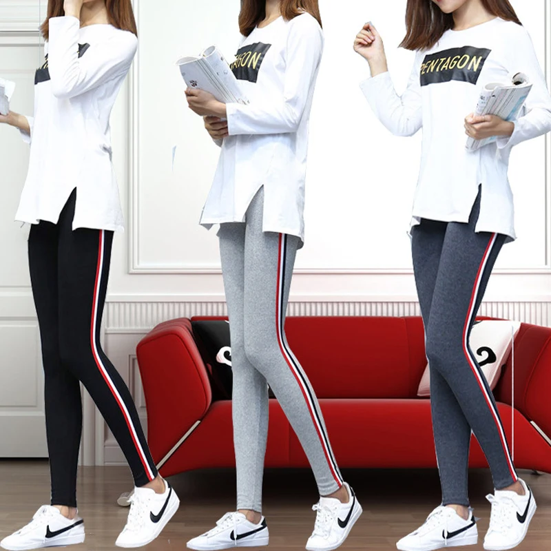 Высокое качество хлопковые леггинсы боковые полосы Для женщин Повседневное