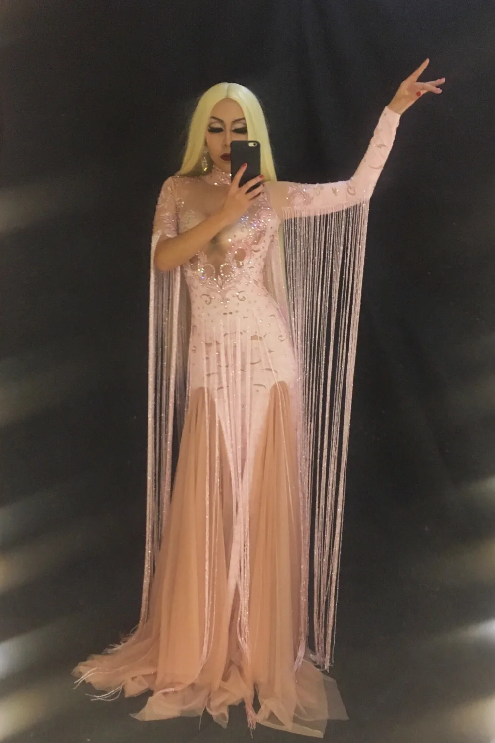 Women New Long Tassel Pink Sexy Trailing Dress Sparkling Crystals Costume Nightclub Party Singer Dancer Stage Wear |