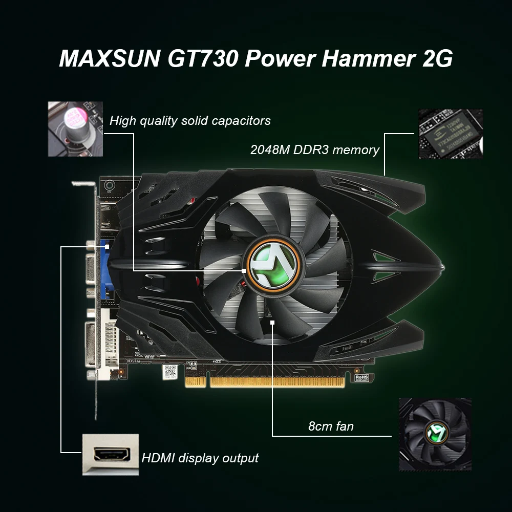 Игровая видеокарта MAXSUN GeForce GT730 Power Hammer 2G для компьютера 902 МГц/1600 МГц 64 бит GDDR3 PCI E