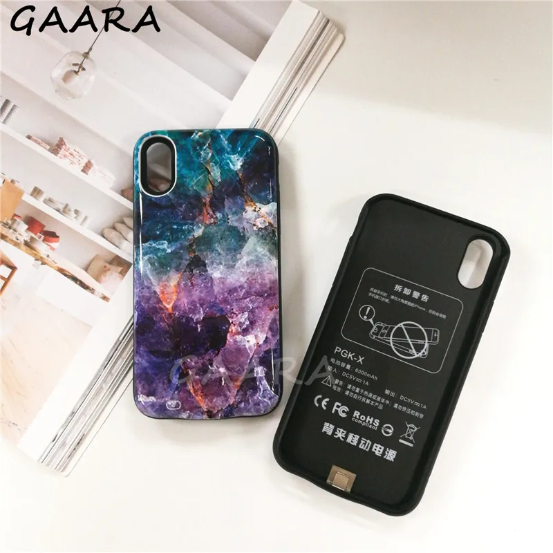 6000mAh мраморный Радужный чехол из закаленного стекла для iPhone XR X XS Max внешний блок питания чехол для iPhone 6 6s 7 8 Plus etui