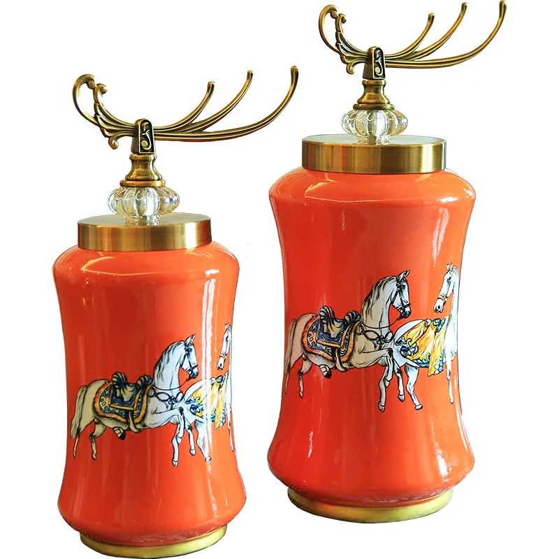 

Orange ceramic Creative storage jar home decor crafts room decoration porcelain figurine vintage horse Decorative cans gifts